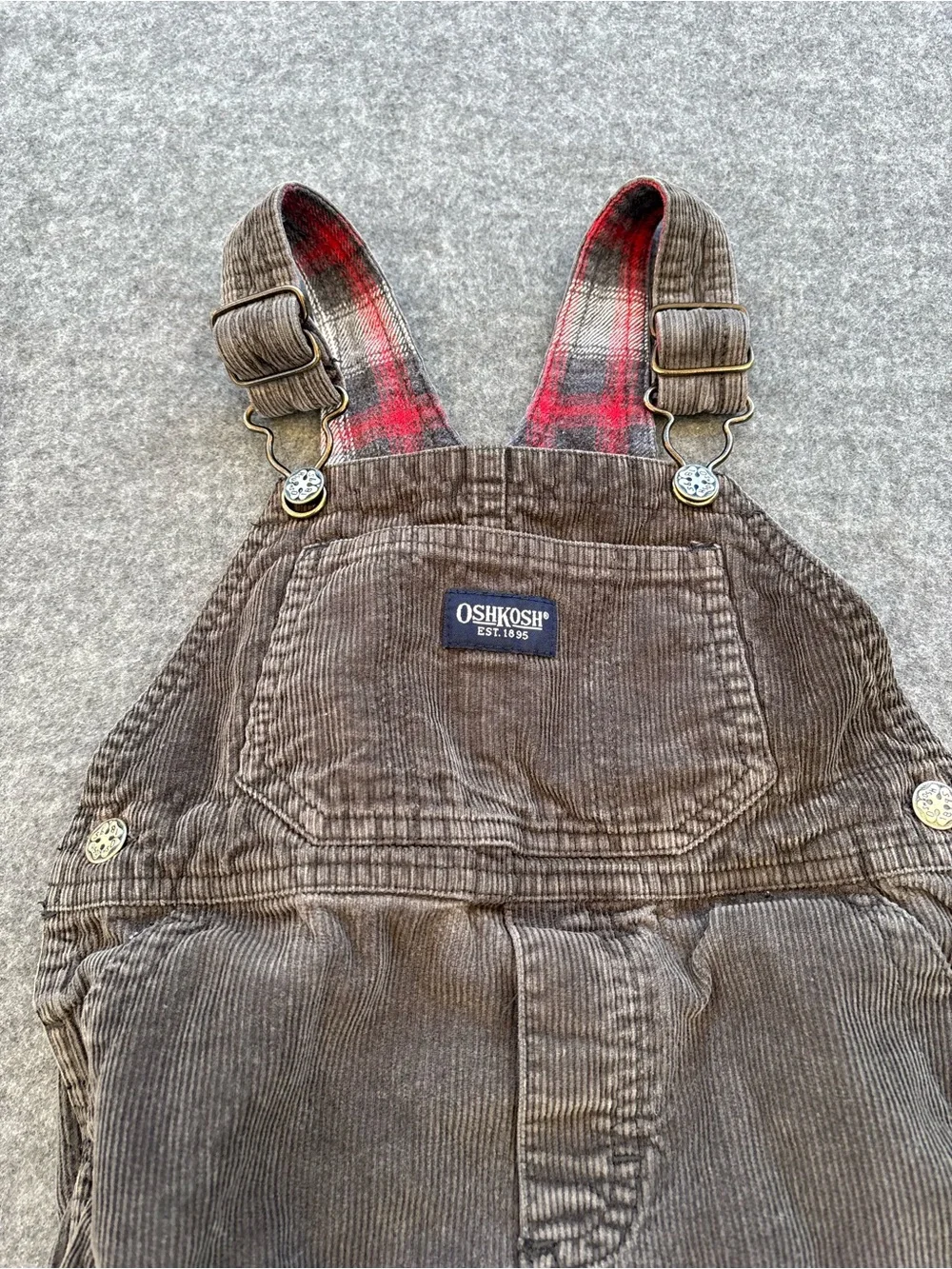 OshKosh brown corduroy overalls with red plaid lining size 18 months